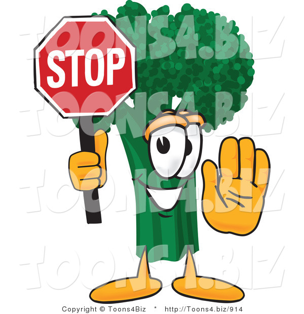 Vector Illustration of a Cartoon Broccoli Mascot Holding up a Stop Sign