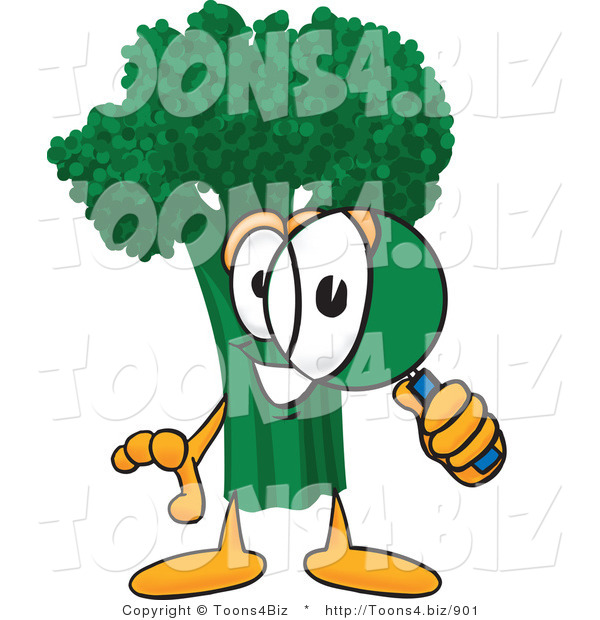 Vector Illustration of a Cartoon Broccoli Mascot Looking Through a Magnifying Glass