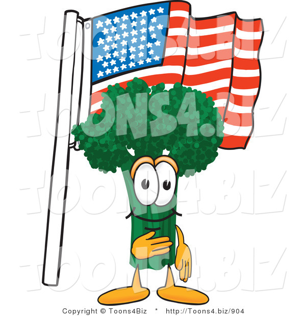 Vector Illustration of a Cartoon Broccoli Mascot Pledging Allegiance to the American Flag
