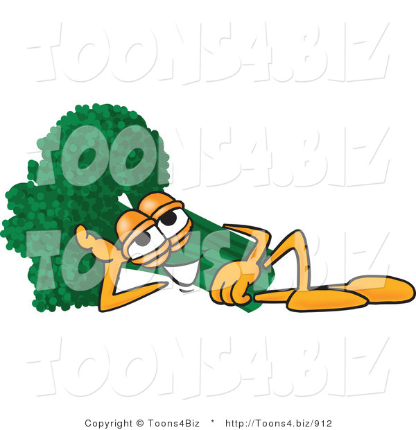 Vector Illustration of a Cartoon Broccoli Mascot Resting His Head on His Hand While Lying down on His Side