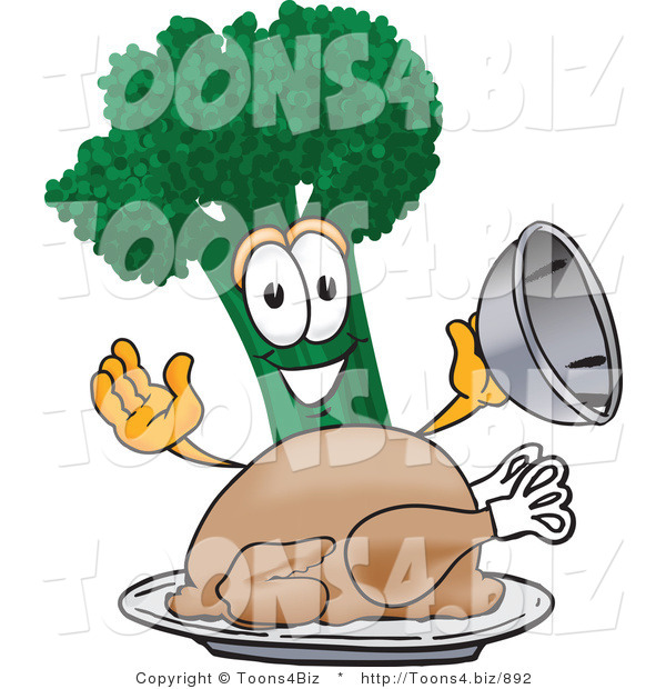 Vector Illustration of a Cartoon Broccoli Mascot Serving a Cooked Thanksgiving Turkey in a Platter