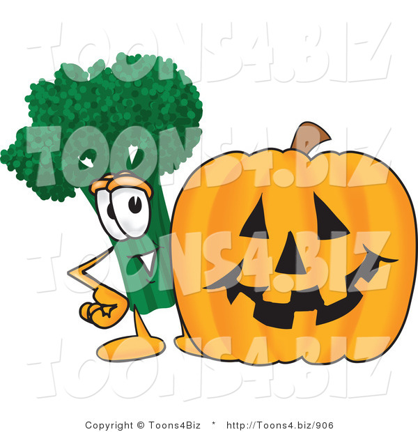 Vector Illustration of a Cartoon Broccoli Mascot Standing by a Halloween Pumpkin
