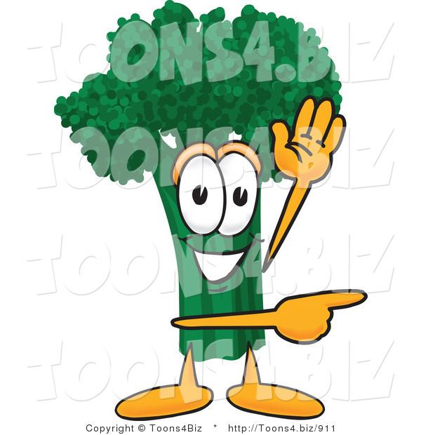 Vector Illustration of a Cartoon Broccoli Mascot Waving and Pointing