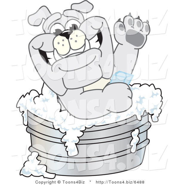 Vector Illustration of a Cartoon Bulldog Mascot Bathing in a Metal Tub