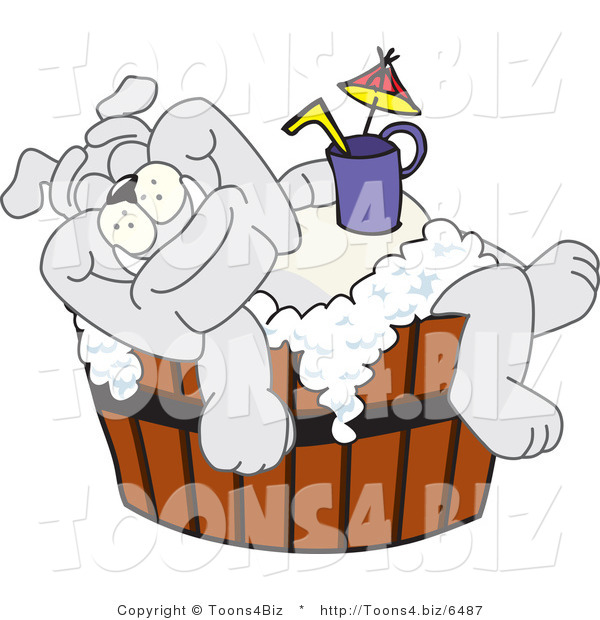 Vector Illustration of a Cartoon Bulldog Mascot Bathing with a Drink in a Wooden Tub
