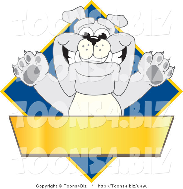 Vector Illustration of a Cartoon Bulldog Mascot over a Blue Diamond Above a Blank Gold Banner