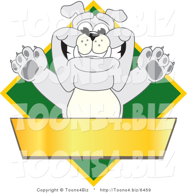 Vector Illustration of a Cartoon Bulldog Mascot over a Green Diamond Above a Blank Gold Banner