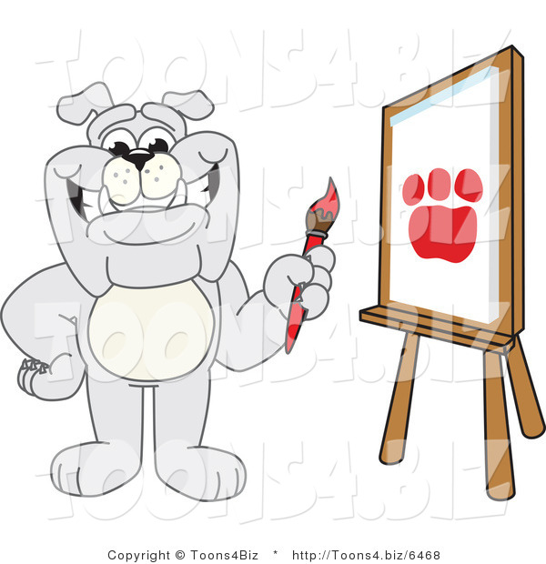 Vector Illustration of a Cartoon Bulldog Mascot Painting a Paw Print in Art Class