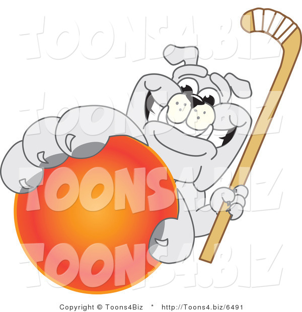 Vector Illustration of a Cartoon Bulldog Mascot Reaching up and Grabbing a Field Hockey Ball