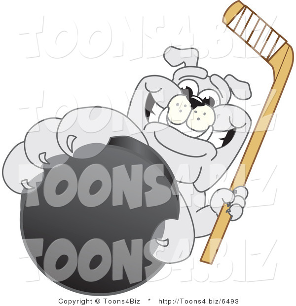 Vector Illustration of a Cartoon Bulldog Mascot Reaching up and Grabbing a Hockey Puck