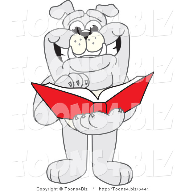 Vector Illustration of a Cartoon Bulldog Mascot Thumbing Through a Book