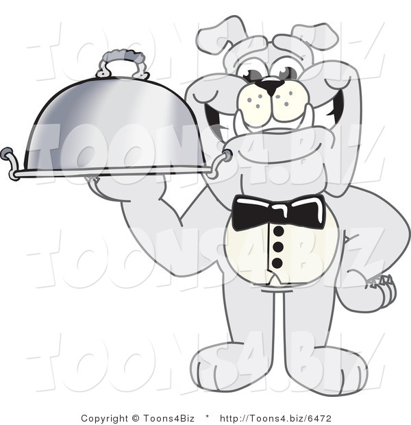 Vector Illustration of a Cartoon Bulldog Mascot Waiter Serving a Platter