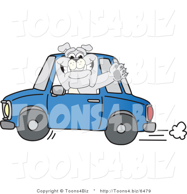 Vector Illustration of a Cartoon Bulldog Mascot Waving and Driving a Blue Car
