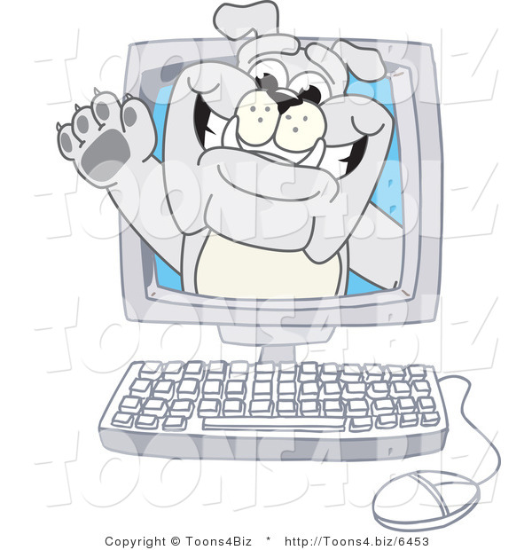 Vector Illustration of a Cartoon Bulldog Mascot Waving from a Computer