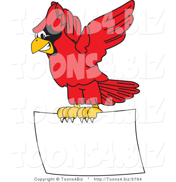 Vector Illustration of a Cartoon Cardinal Mascot Flying a Blank Sign
