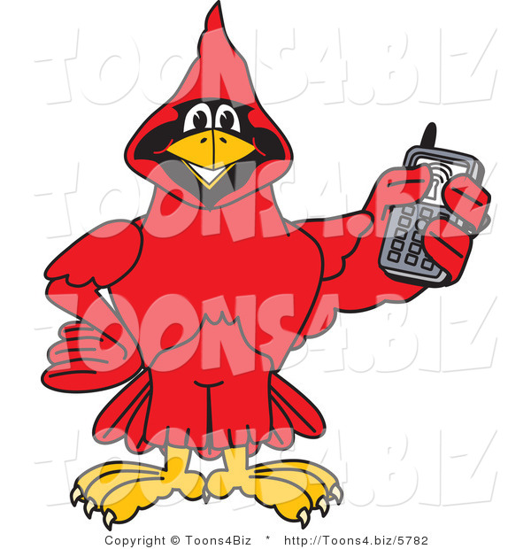 Vector Illustration of a Cartoon Cardinal Mascot Holding a Cell Phone