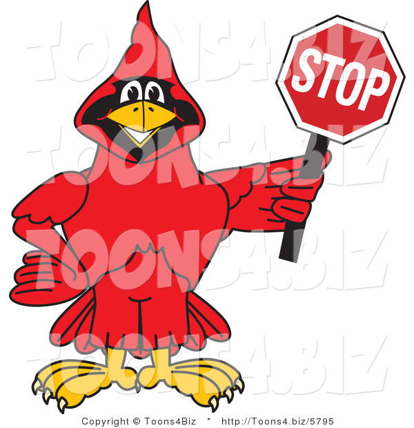 Vector Illustration of a Cartoon Cardinal Mascot Holding a Stop Sign