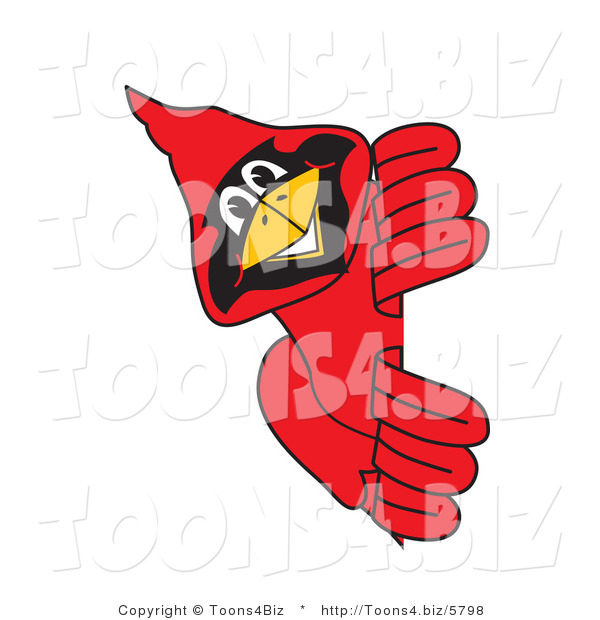 Vector Illustration of a Cartoon Cardinal Mascot Looking Around a Sign