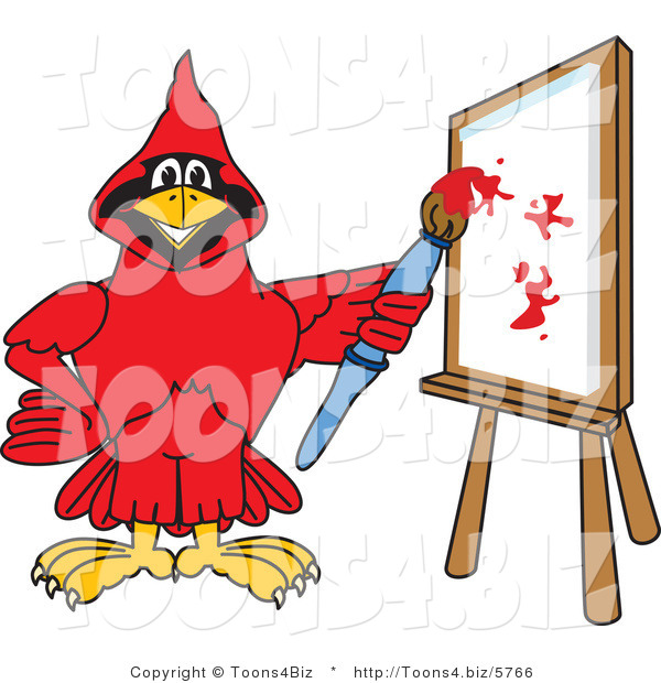 Vector Illustration of a Cartoon Cardinal Mascot Painting a Canvas