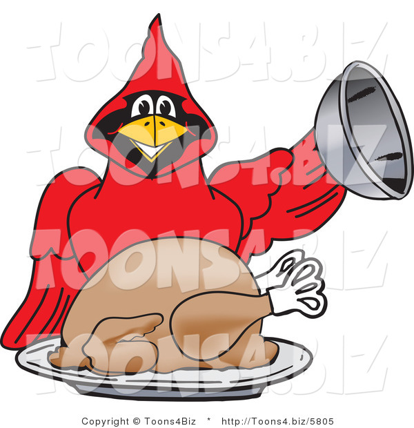 Vector Illustration of a Cartoon Cardinal Mascot Serving a Thanksgiving Turkey