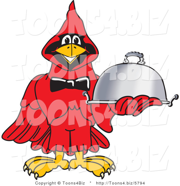 Vector Illustration of a Cartoon Cardinal Mascot Serving Food