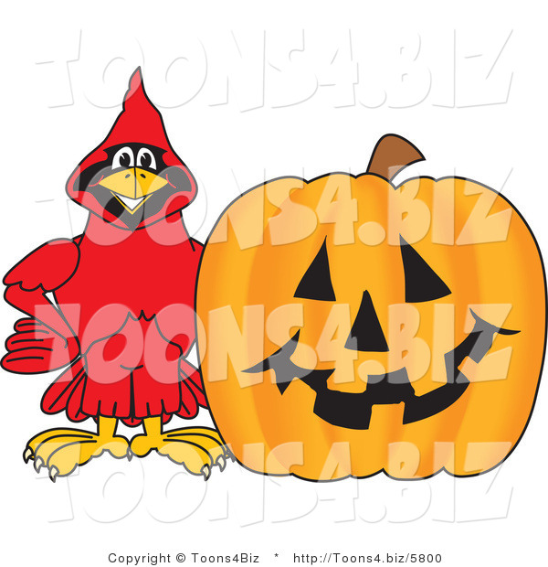 Vector Illustration of a Cartoon Cardinal Mascot with a Halloween Pumpkin