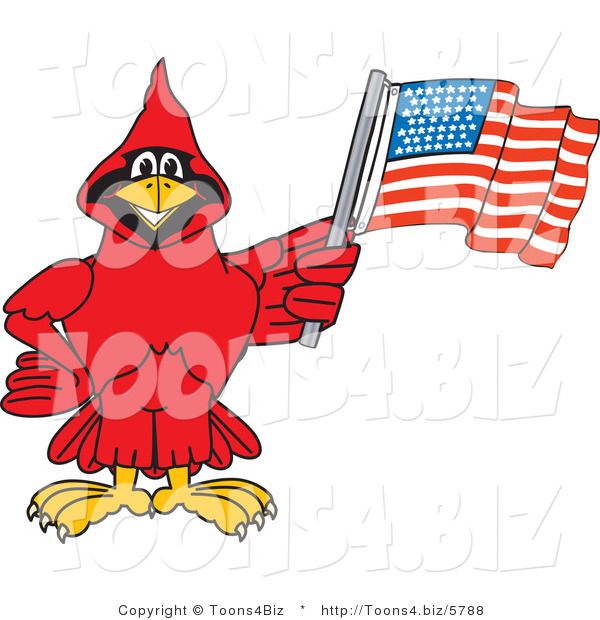 Vector Illustration of a Cartoon Cardinal Mascot with an American Flag