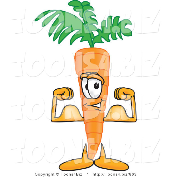 Vector Illustration of a Cartoon Carrot Mascot Flexing His Bicep Arm Muscles to Show His Strength