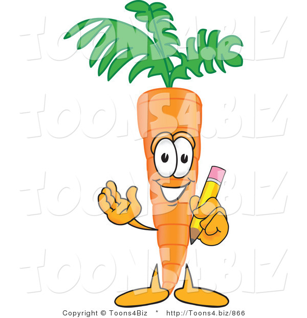 Vector Illustration of a Cartoon Carrot Mascot Holding a Yellow Pencil with an Eraser Tip