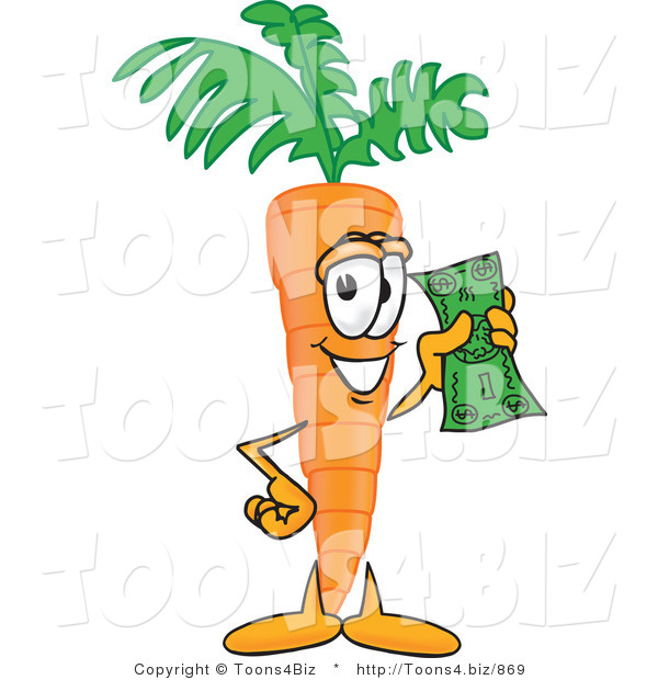 Vector Illustration of a Cartoon Carrot Mascot Holding up a Dollar Bill