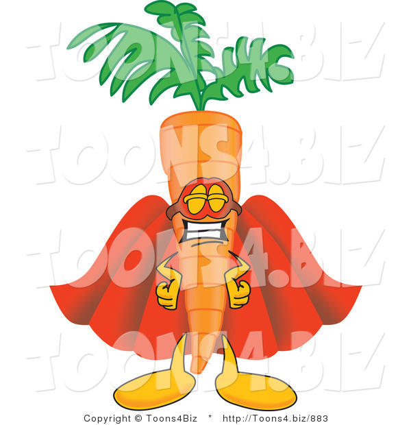 Vector Illustration of a Cartoon Carrot Mascot in a Super Hero Uniform with a Mask and Cape