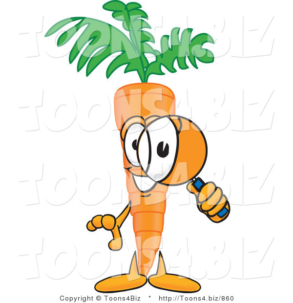 Vector Illustration of a Cartoon Carrot Mascot Inspecting and Peering Through a Magnifying Glass