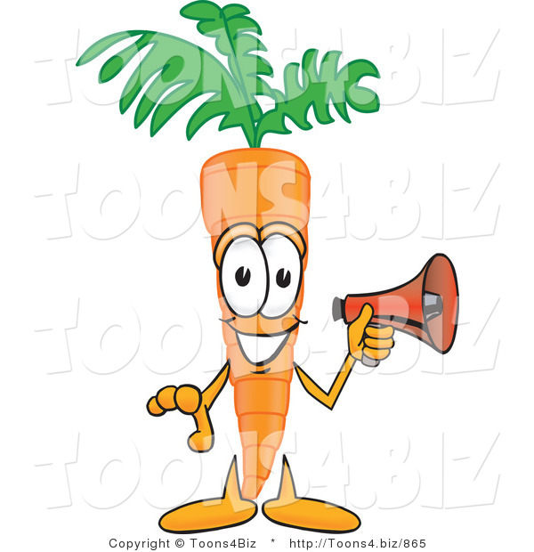 Vector Illustration of a Cartoon Carrot Mascot Preparing to Make an Announcement with a Megaphone Bullhorn