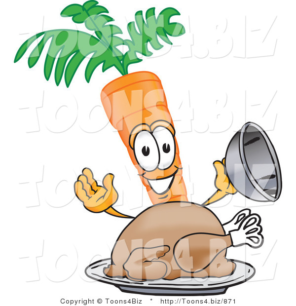 Vector Illustration of a Cartoon Carrot Mascot Serving a Cooked Thanksgiving Turkey Bird in a Platter