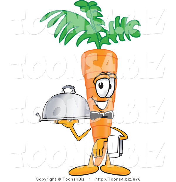 Vector Illustration of a Cartoon Carrot Mascot Serving a Dinner Platter While Waiting Tables in a Restaurant