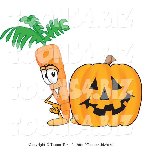 Vector Illustration of a Cartoon Carrot Mascot Standing by a Carved Jack-O-Lantern Halloween Pumpkin