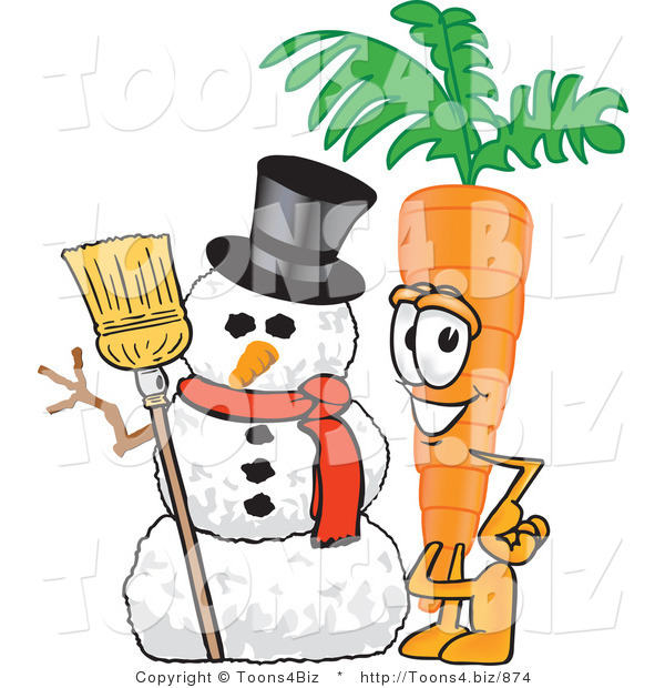 Vector Illustration of a Cartoon Carrot Mascot Standing by a Snowman