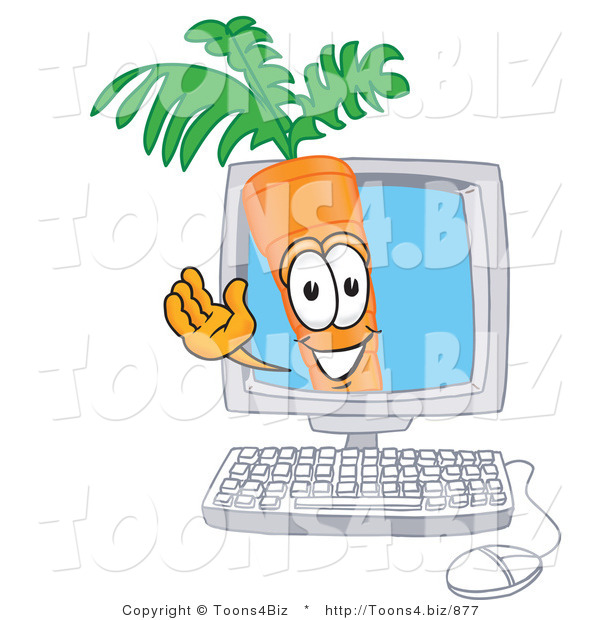 Vector Illustration of a Cartoon Carrot Mascot Waving from Inside a Computer Screen