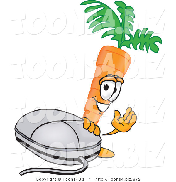 Vector Illustration of a Cartoon Carrot Mascot Waving While Standing by a Computer Mouse