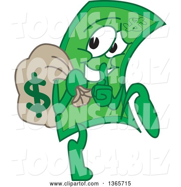 Vector Illustration of a Cartoon Cash Money Dollar Bill Mascot Quietly Sneaking Away with a Full Bag of Money