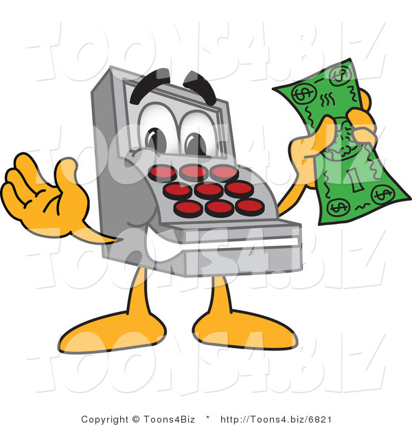 Vector Illustration of a Cartoon Cash Register Mascot Holding a Dollar Bill