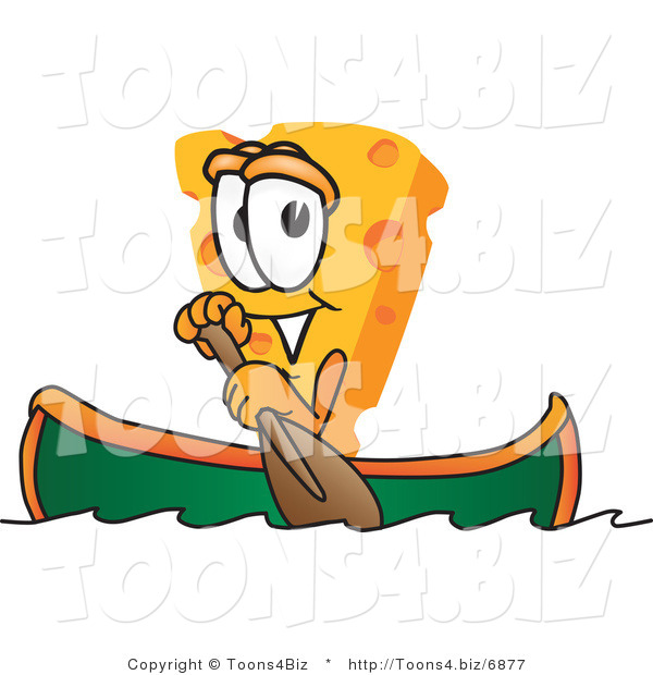 Vector Illustration of a Cartoon Cheese Mascot Canoeing - Royalty Free Vector Illustration