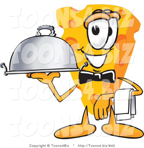 Vector Illustration of a Cartoon Cheese Mascot Carrying a Serving Platter While Waiting Tables