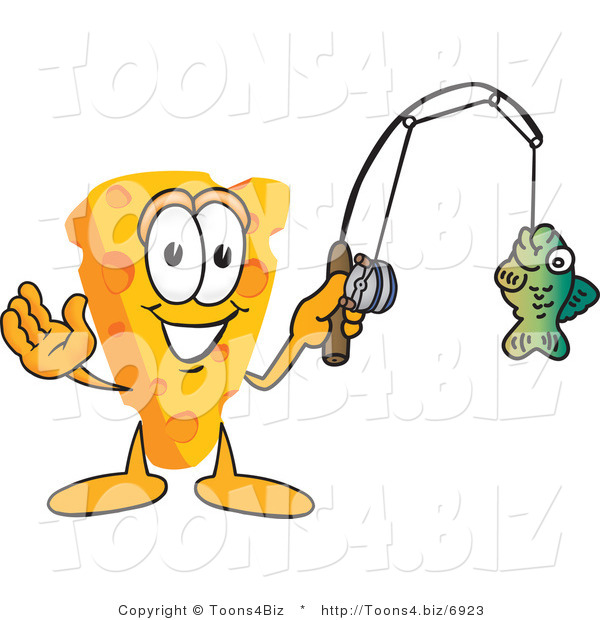 Vector Illustration of a Cartoon Cheese Mascot Fishing - Royalty Free Vector Illustration