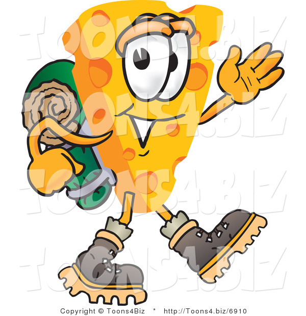 Vector Illustration of a Cartoon Cheese Mascot Hiking - Royalty Free Vector Illustration