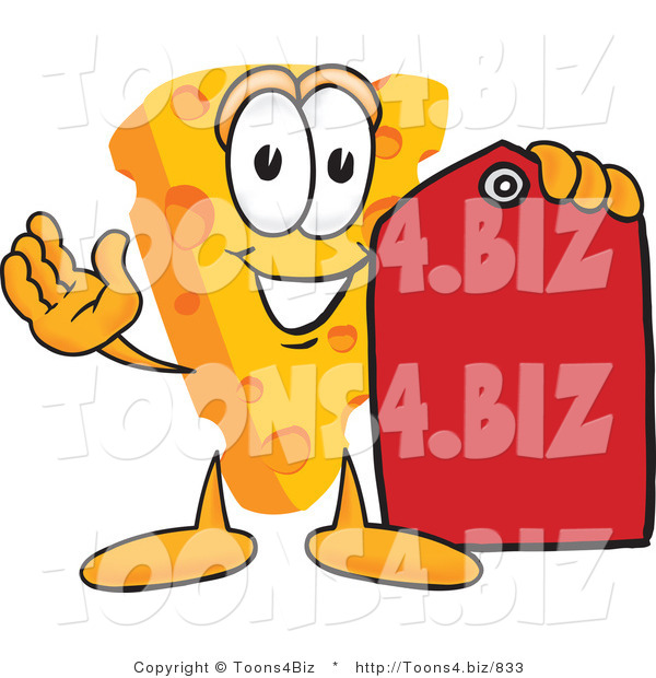 Vector Illustration of a Cartoon Cheese Mascot Holding a Red Clearance Sales Price Tag