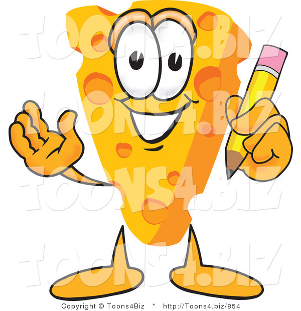 Vector Illustration of a Cartoon Cheese Mascot Holding a Yellow Number 2 Pencil with an Eraser Tip