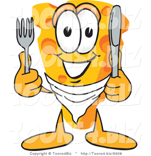 Vector Illustration of a Cartoon Cheese Mascot Holding Silverware - Royalty Free Vector Illustration