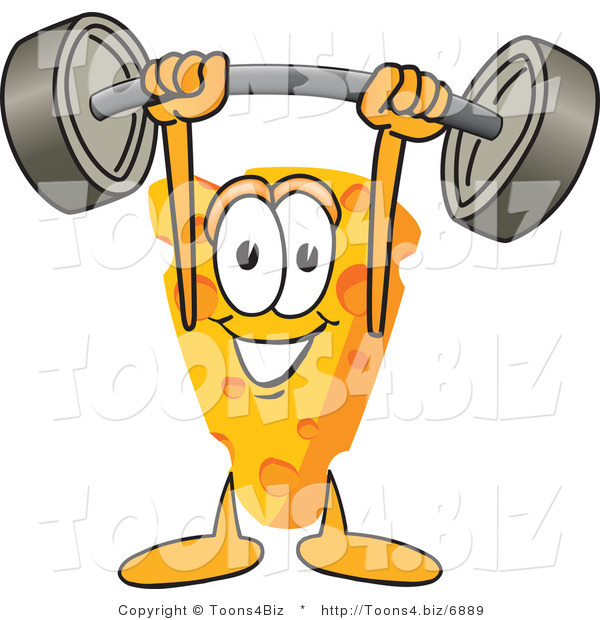 Vector Illustration of a Cartoon Cheese Mascot Lifting a Barbell - Royalty Free Vector Illustration