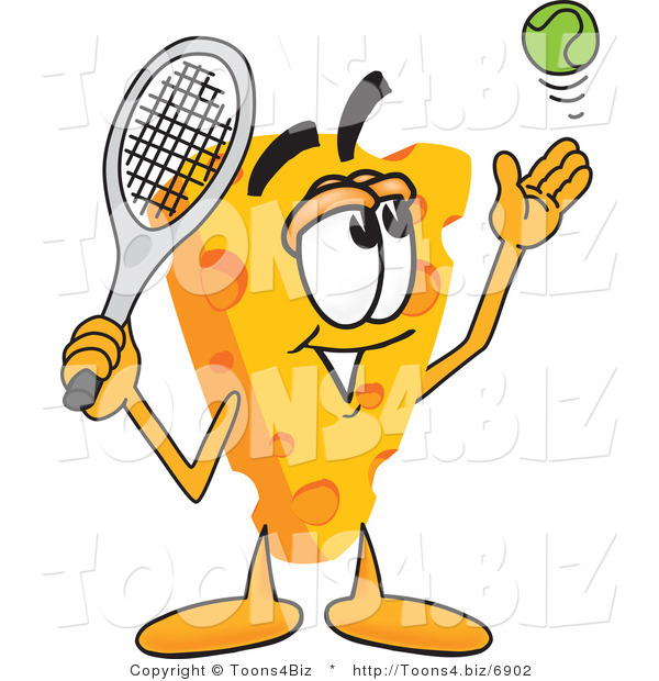 Vector Illustration of a Cartoon Cheese Mascot Playing Tennis - Royalty Free Vector Illustration